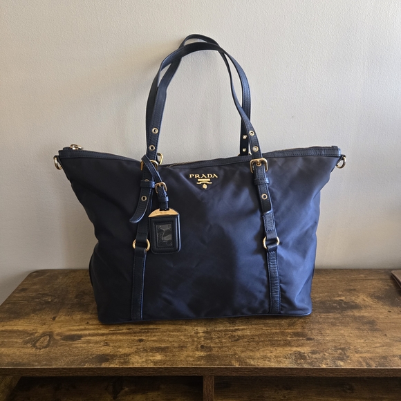 Prada Handbags - Prada Navy Blue Nylon Tote Bag with Gold Hardware